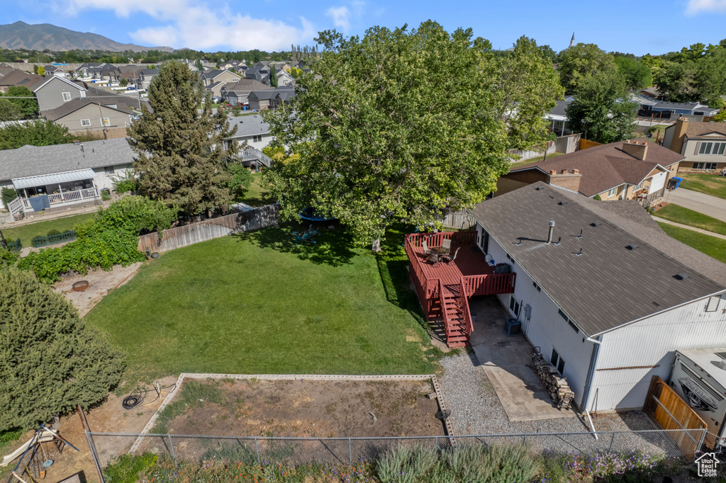 Aerial view of residential area with mountains