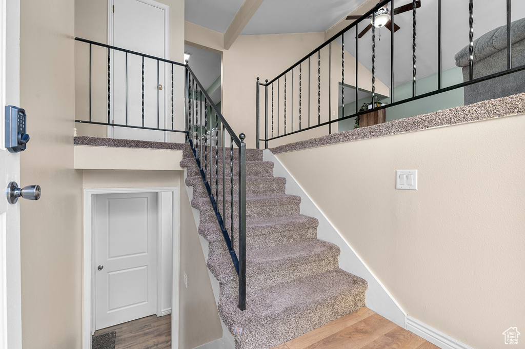 Staircase featuring wood finished floors and a high ceiling