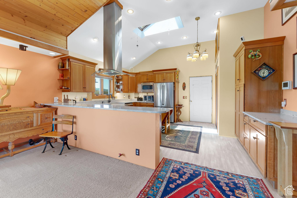 Kitchen featuring open shelves, stainless steel appliances, a skylight, a peninsula, and vaulted ceiling