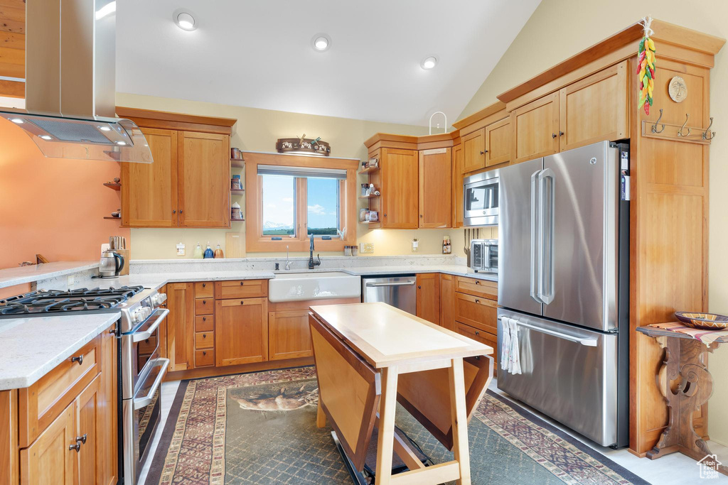 Kitchen featuring stainless steel appliances, open shelves, island exhaust hood, vaulted ceiling, and recessed lighting