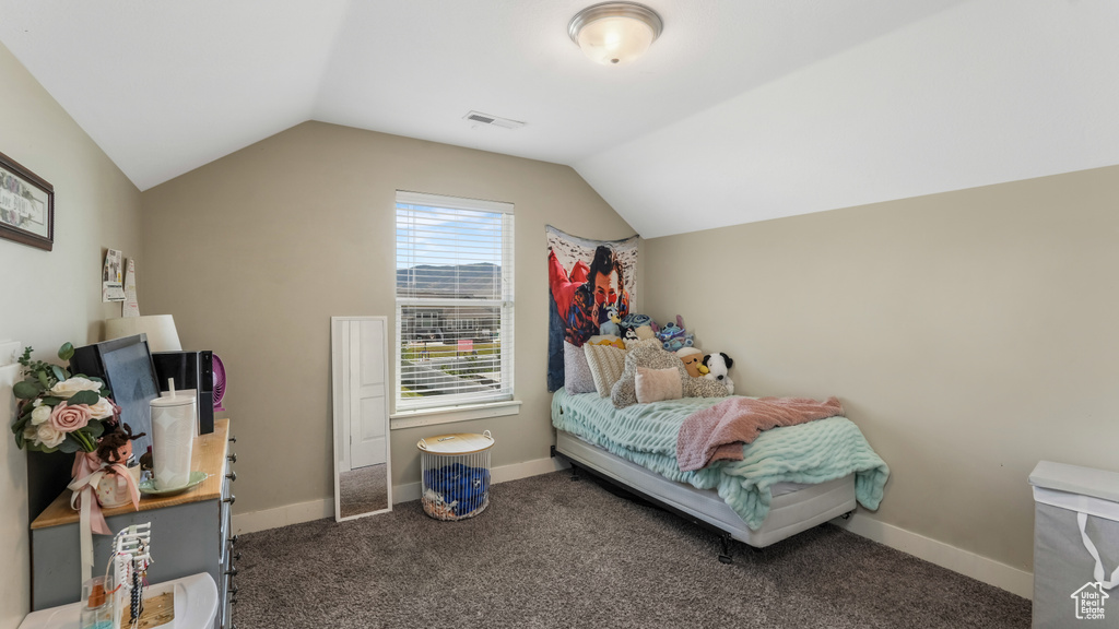 Bedroom featuring lofted ceiling and carpet