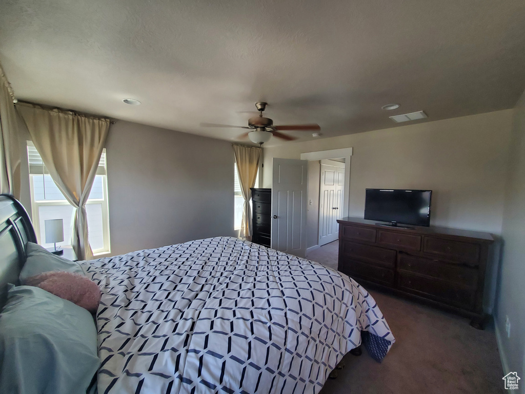 Carpeted bedroom featuring multiple windows, a ceiling fan, and recessed lighting