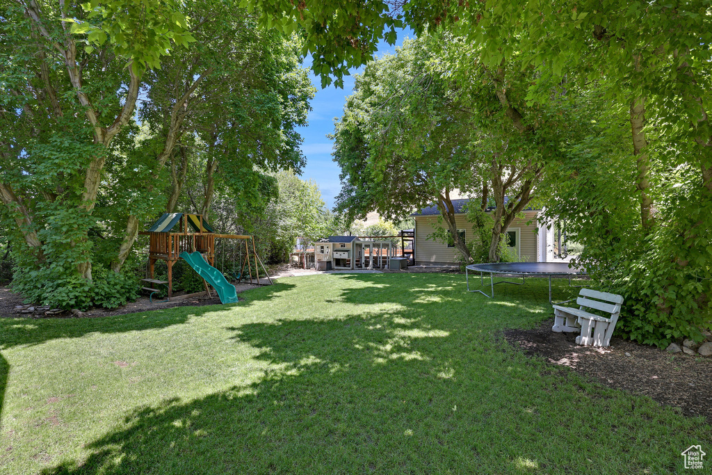 View of green lawn featuring a playground and a trampoline