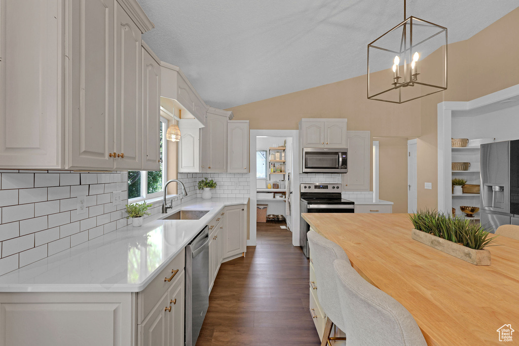 Kitchen featuring appliances with stainless steel finishes, healthy amount of natural light, vaulted ceiling, and light countertops