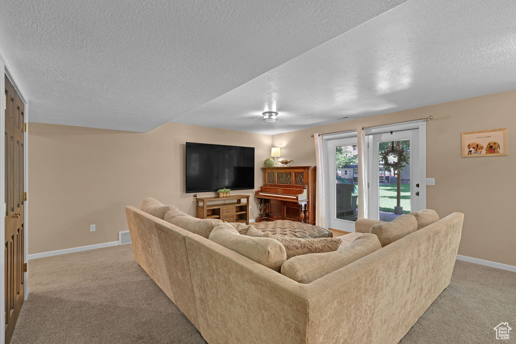Living room with light colored carpet and a textured ceiling
