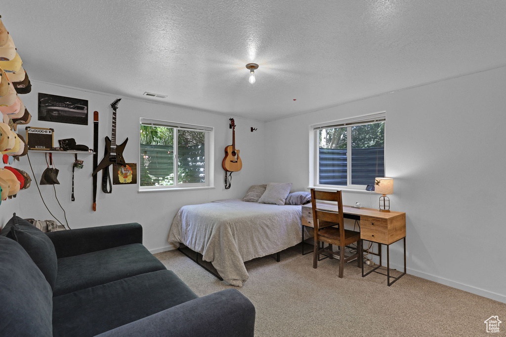 Carpeted bedroom with multiple windows and a textured ceiling