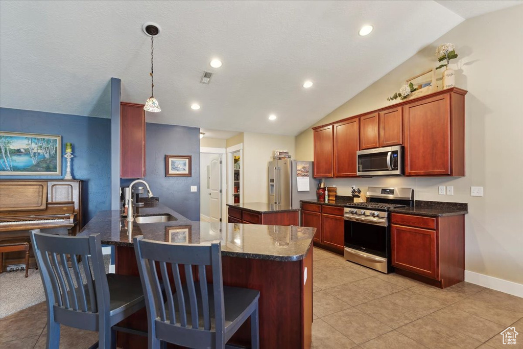 Kitchen featuring stainless steel appliances, a peninsula, lofted ceiling, dark stone countertops, and pendant lighting