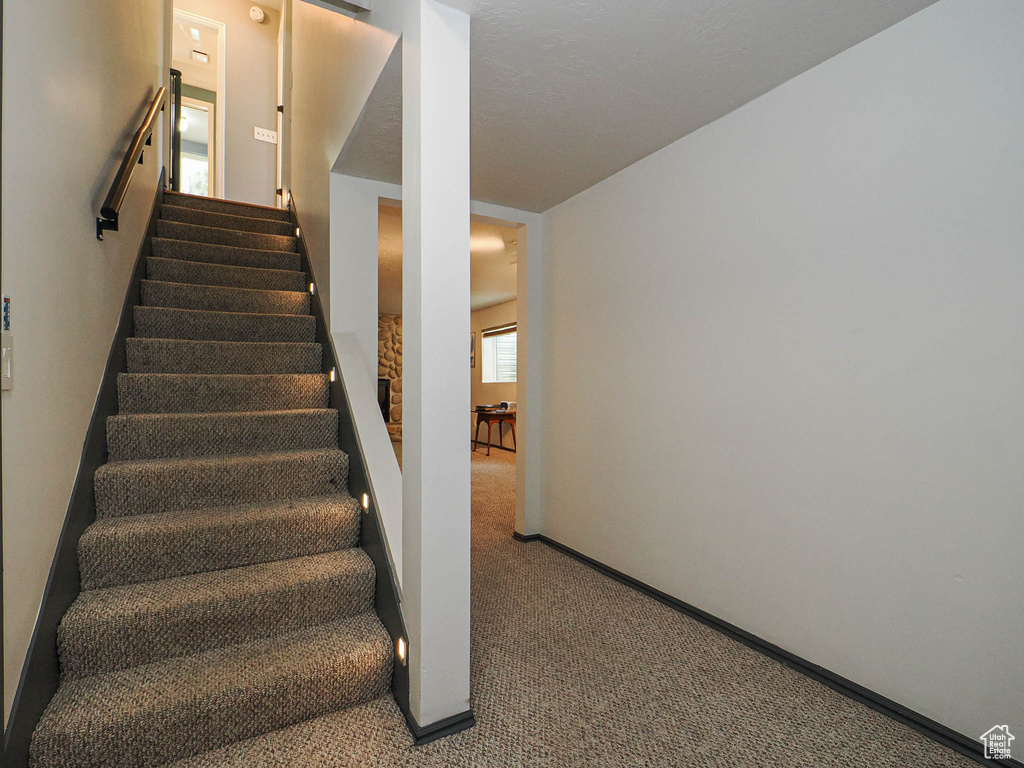 Stairway featuring carpet and baseboards