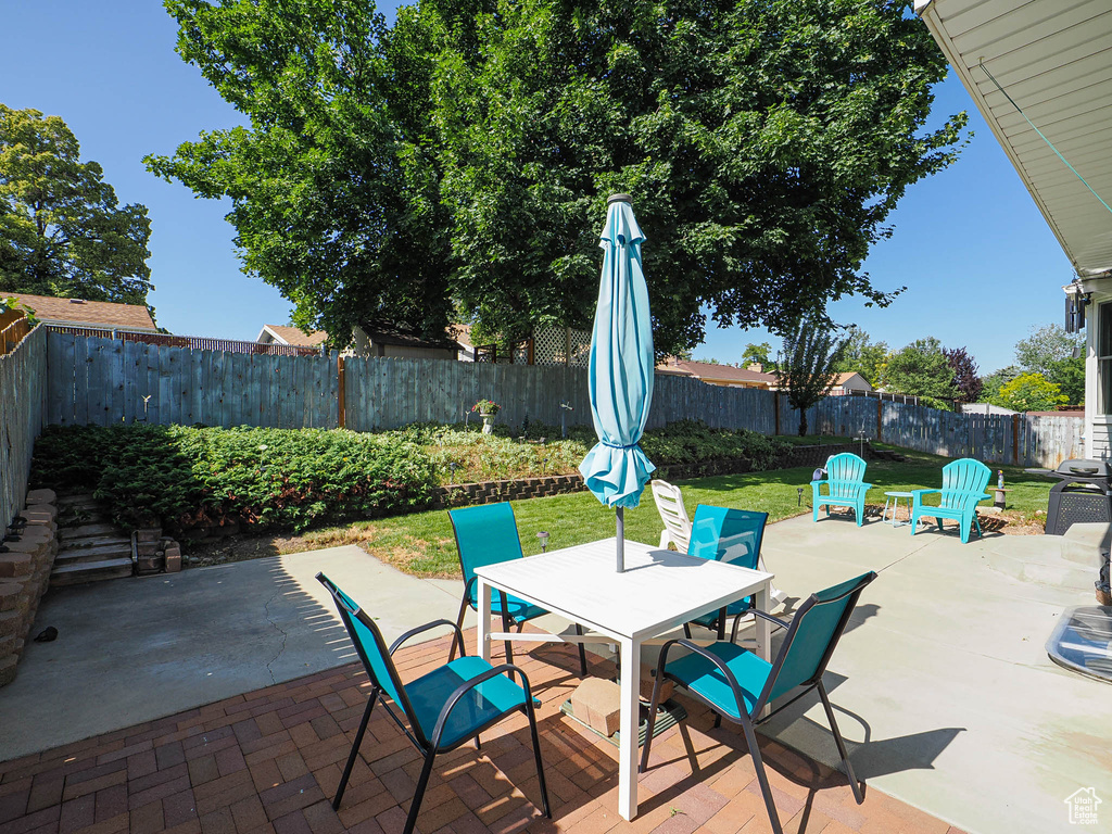 Fenced backyard featuring a patio area and outdoor dining area