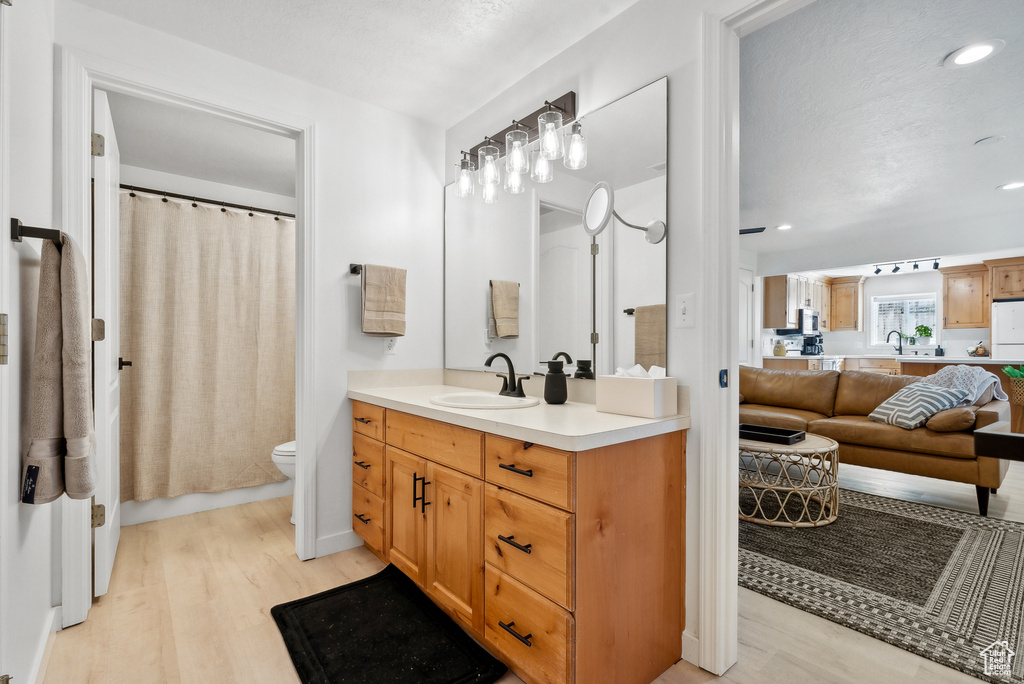 Bathroom with wood finished floors, vanity, recessed lighting, and a shower with curtain