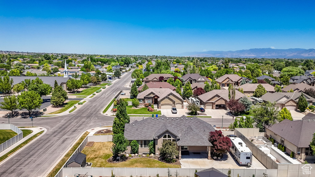 Aerial perspective of suburban area with mountains