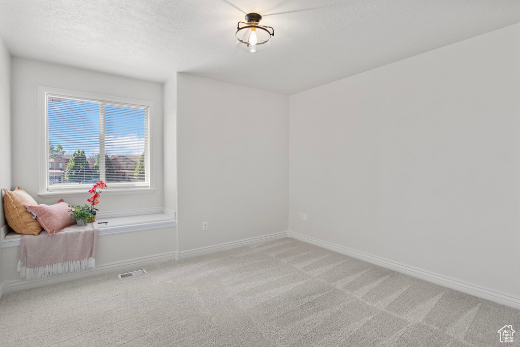 Unfurnished room featuring carpet and a textured ceiling