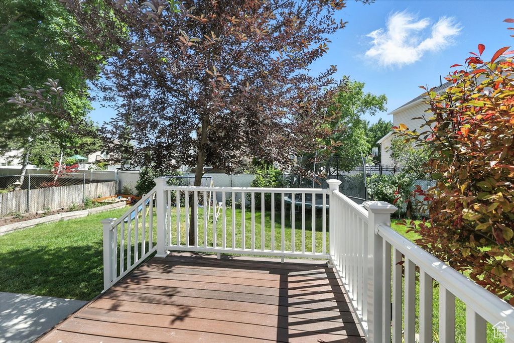 Wooden deck featuring a fenced backyard