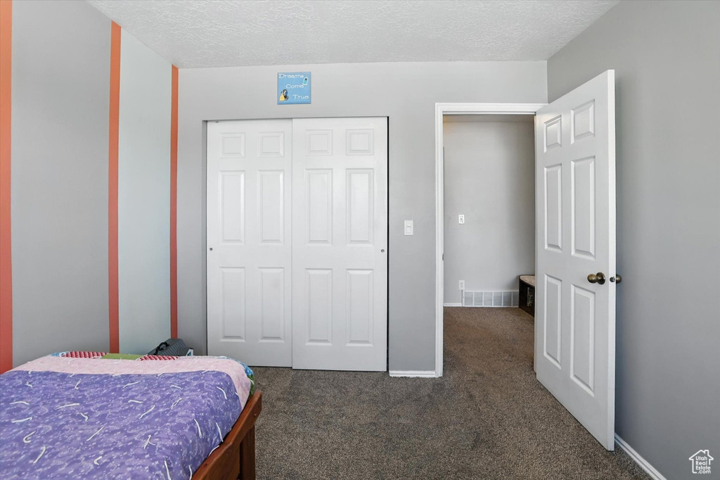Bedroom with carpet floors, a closet, and a textured ceiling