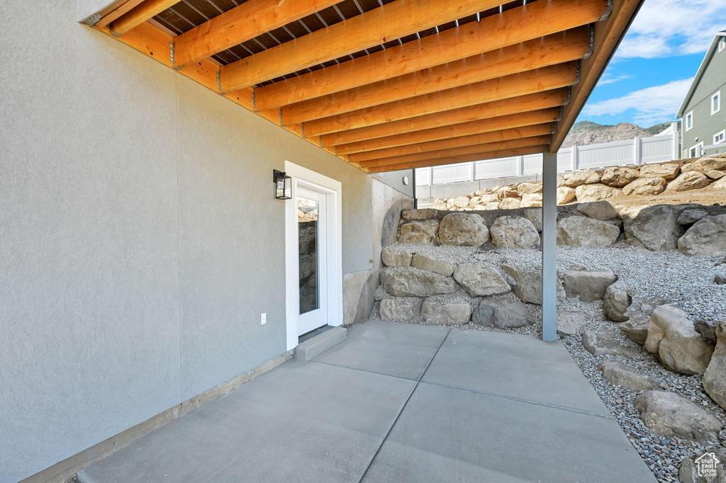 View of patio / terrace featuring a mountain view