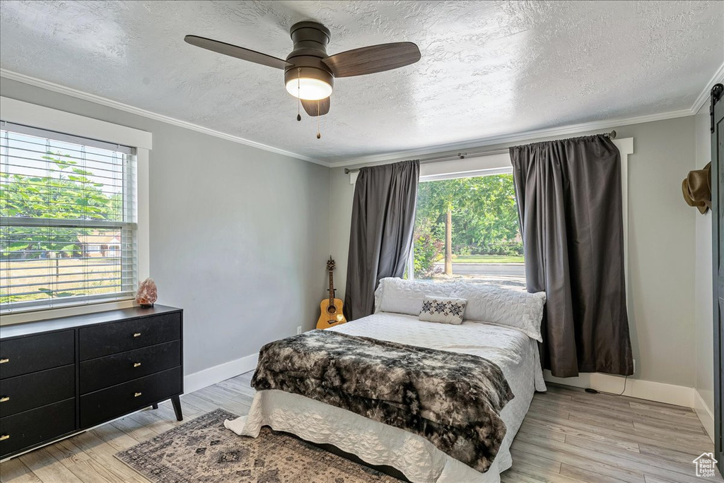 Bedroom featuring multiple windows, a textured ceiling, light wood-style floors, crown molding, and a ceiling fan