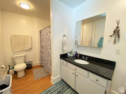 Full bathroom with wood finished floors, vanity, and a shower with shower curtain