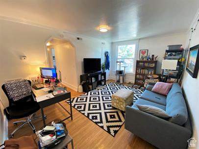 Living room featuring wood finished floors and arched walkways
