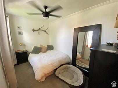 Carpeted bedroom featuring crown molding and a ceiling fan