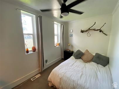 Bedroom with multiple windows, a ceiling fan, and crown molding