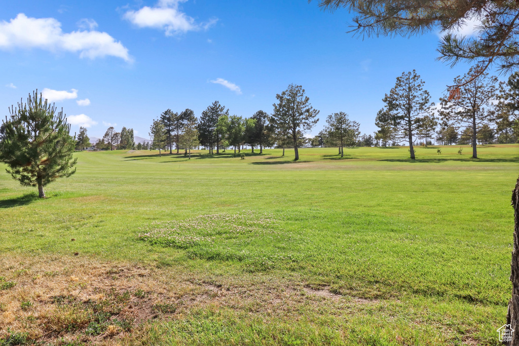 View of property\\\'s community featuring golf course view, a lawn, and a mountain view