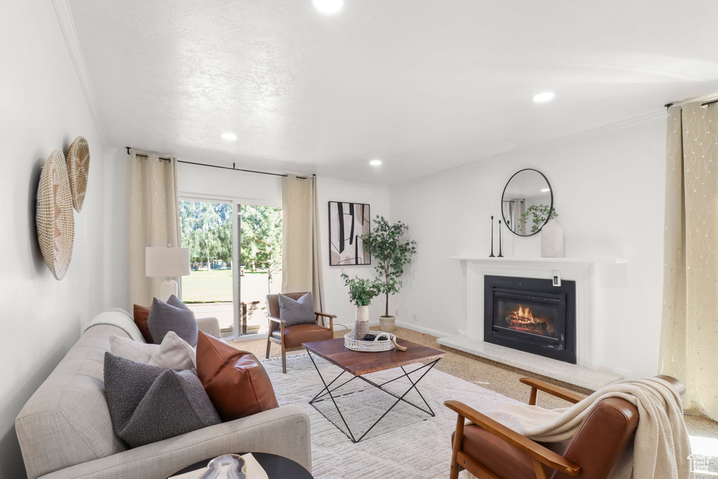 Living area featuring a glass covered fireplace and recessed lighting