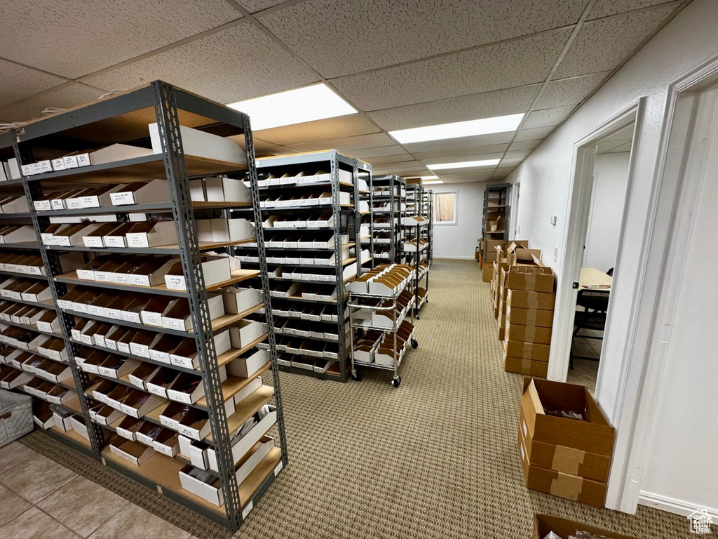 Wine area with a paneled ceiling and carpet