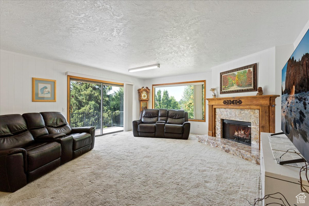 Carpeted living area featuring a textured ceiling and a premium fireplace