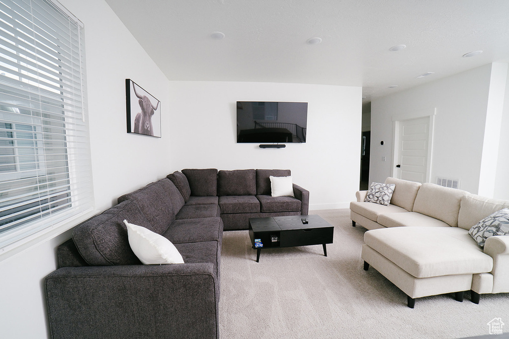 Living room featuring carpet and healthy amount of natural light