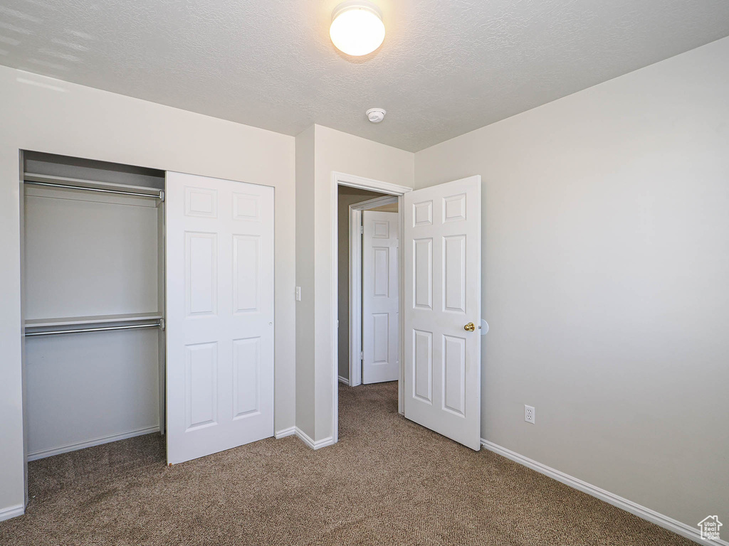 Unfurnished bedroom featuring carpet flooring, a closet, and a textured ceiling