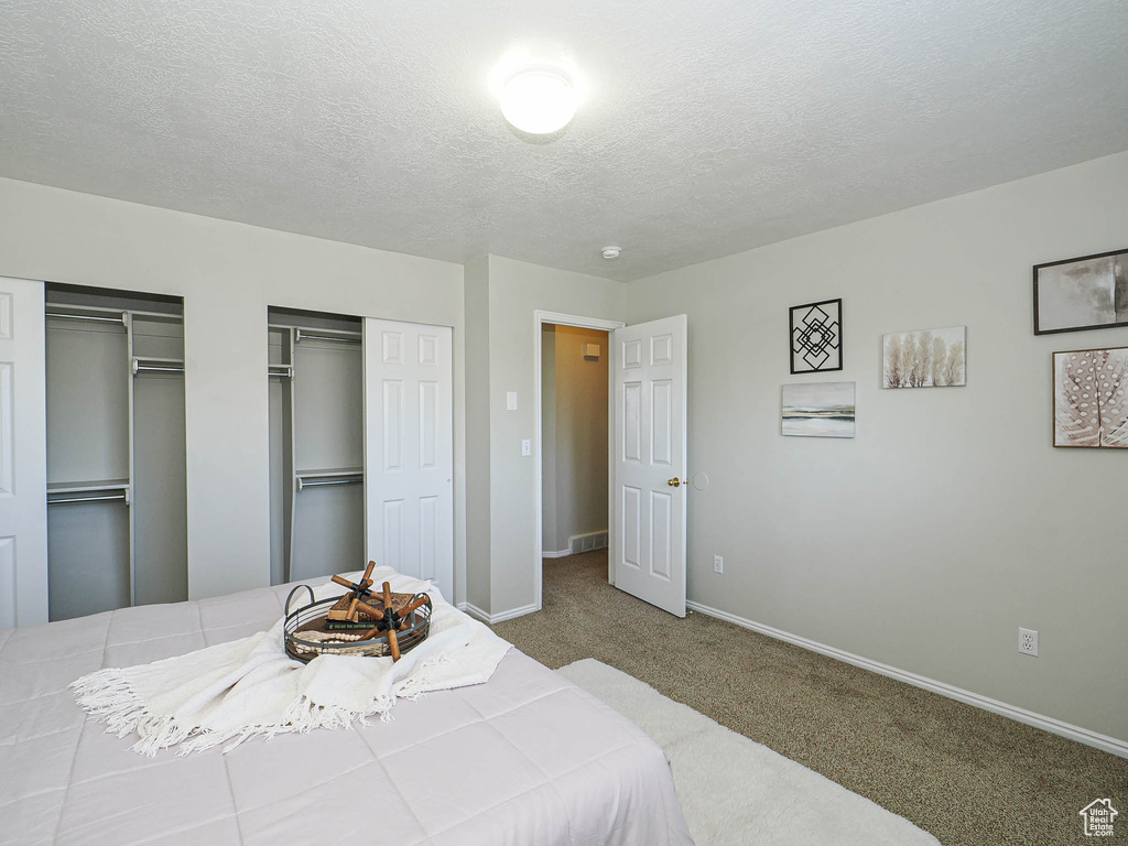 Carpeted bedroom with two closets and a textured ceiling