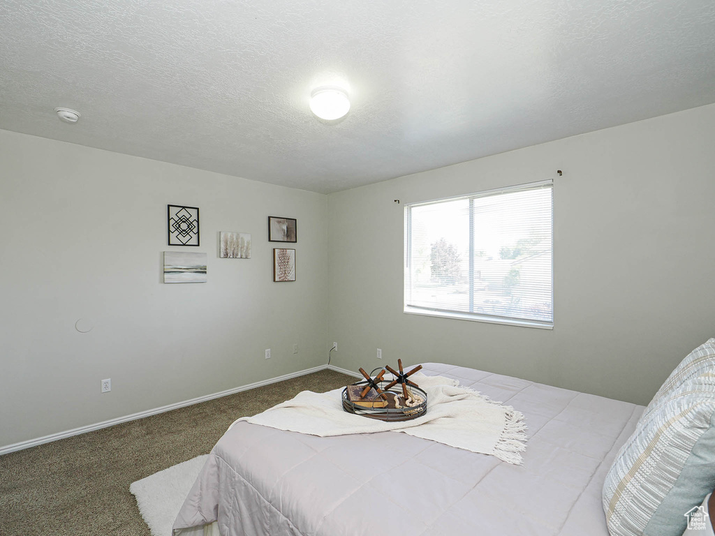 Carpeted bedroom featuring a textured ceiling
