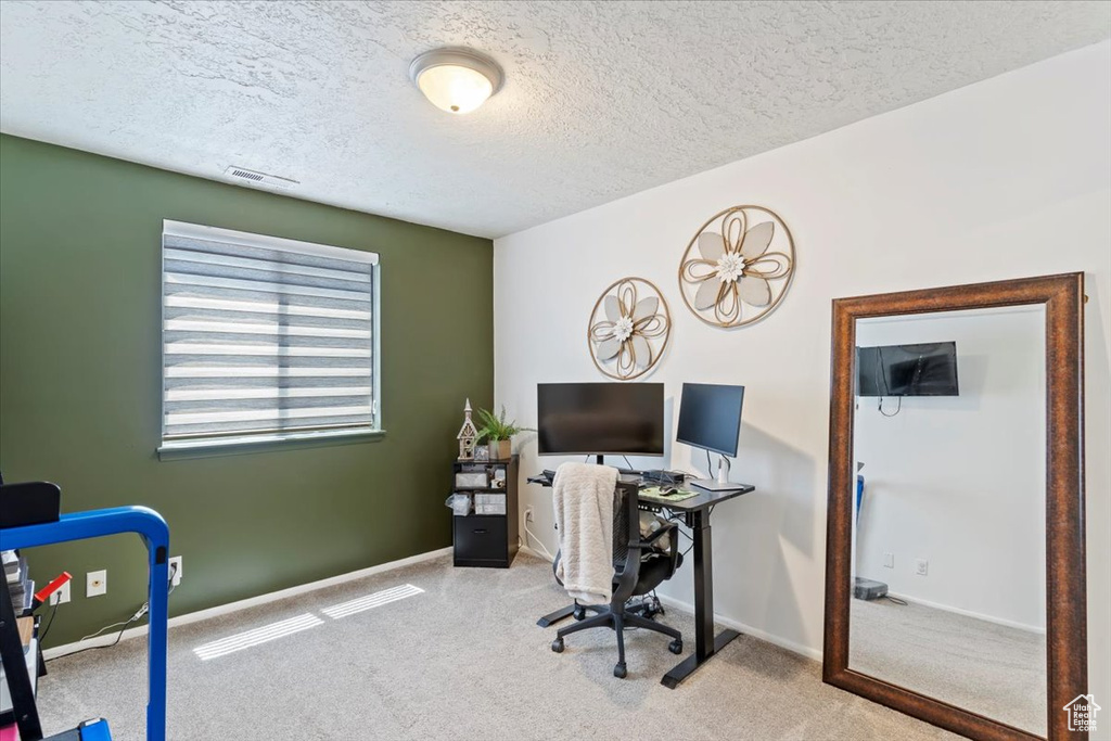 Carpeted home office with a textured ceiling and baseboards