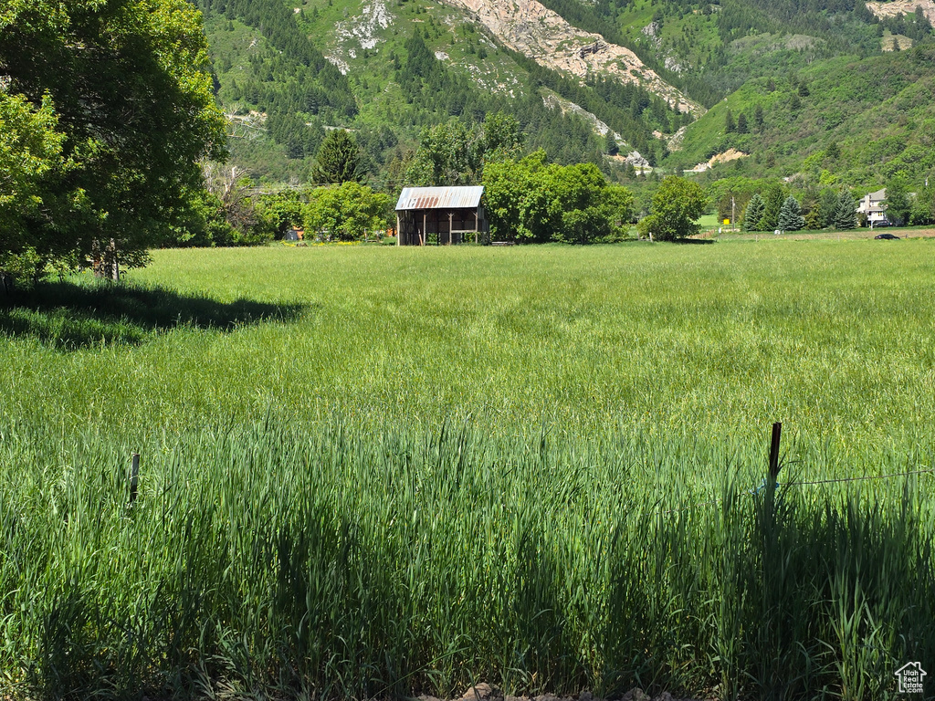 View of yard featuring a mountain view and an outdoor structure