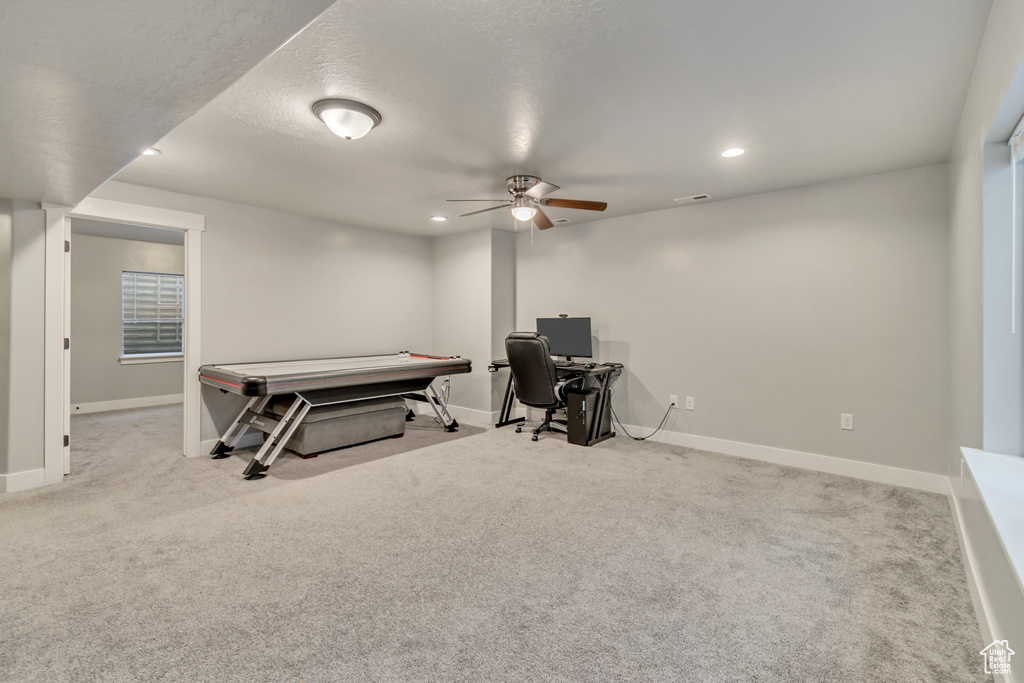 Rec room featuring ceiling fan, carpet flooring, recessed lighting, and an office area