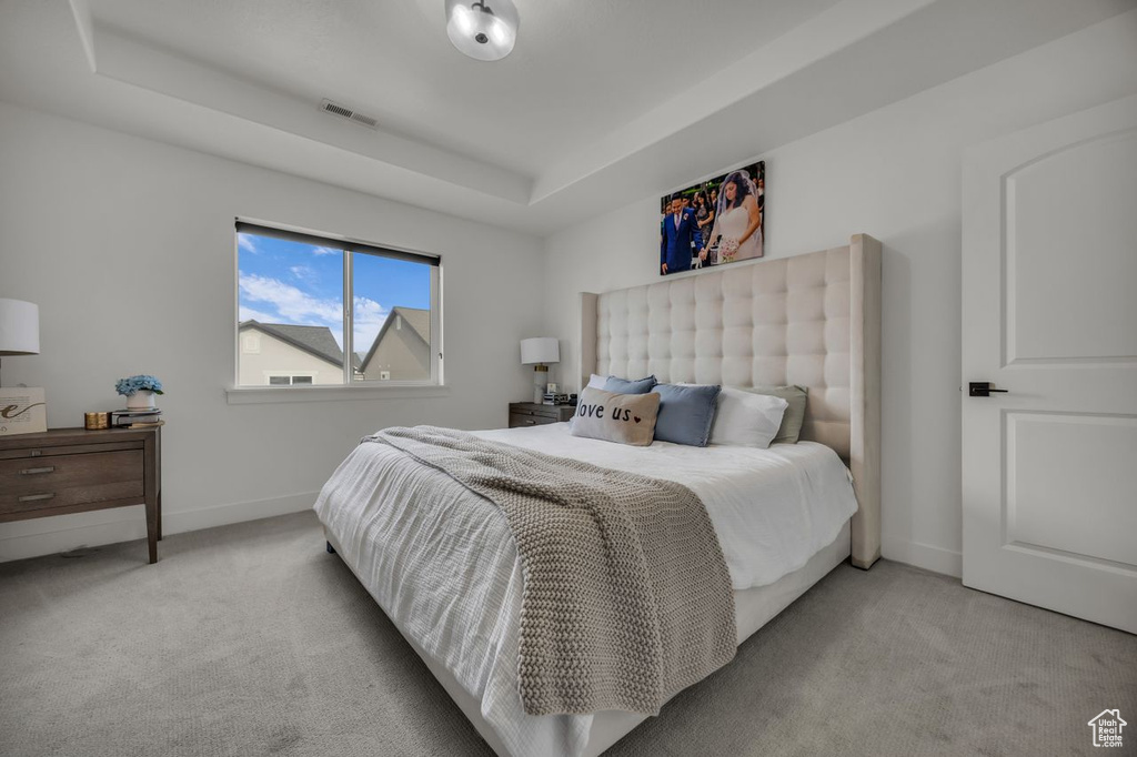 Carpeted bedroom featuring a raised ceiling and baseboards