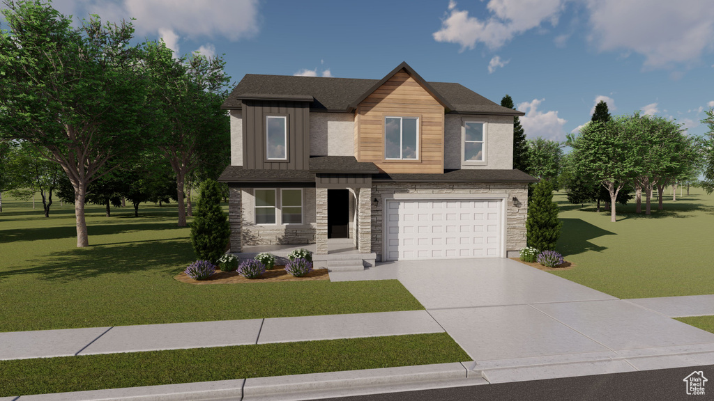 View of front facade featuring stone siding, driveway, a front yard, and a garage