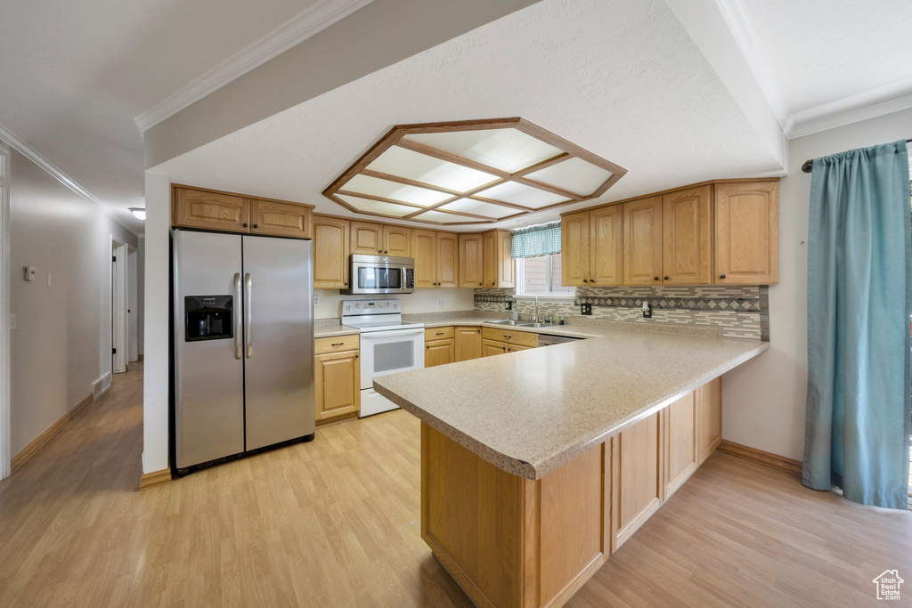 Kitchen featuring stainless steel appliances, ornamental molding, light wood-style floors, a peninsula, and light countertops