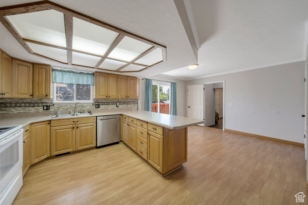 Kitchen featuring stainless steel dishwasher, a peninsula, white electric range, backsplash, and light wood-type flooring