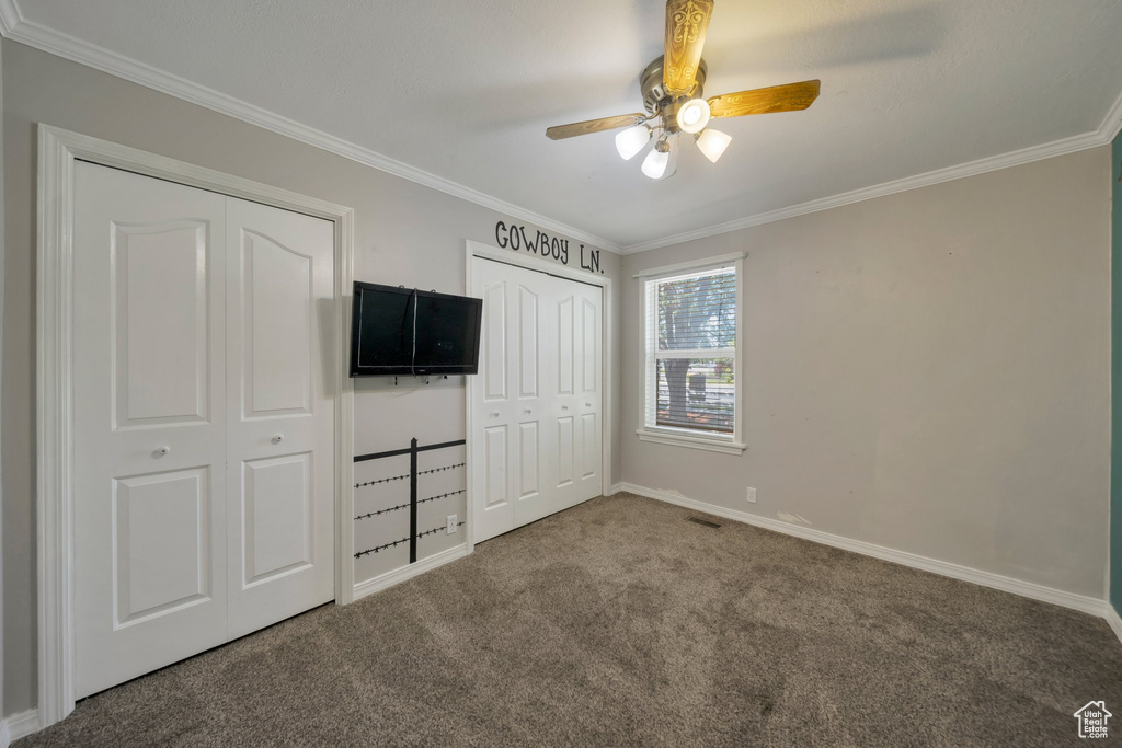 Unfurnished bedroom featuring carpet floors, ornamental molding, multiple closets, and a ceiling fan
