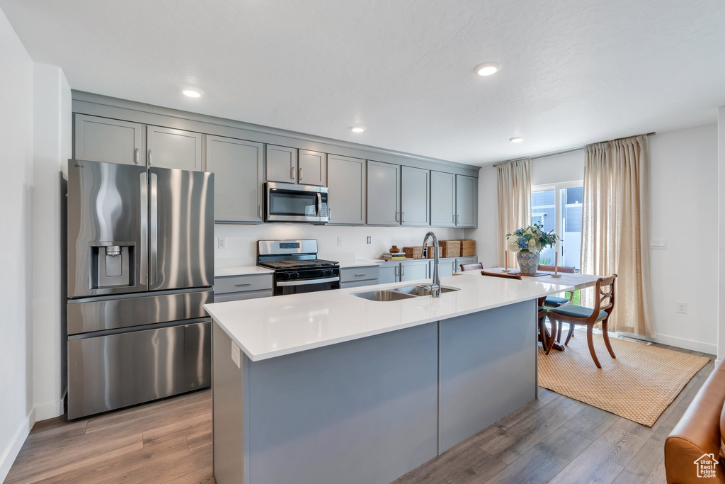 Kitchen with stainless steel appliances, light wood-style flooring, gray cabinetry, light countertops, and recessed lighting