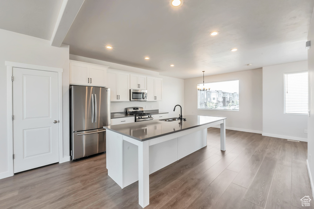 Kitchen with stainless steel appliances, a sink, an island with sink, a chandelier, and dark countertops