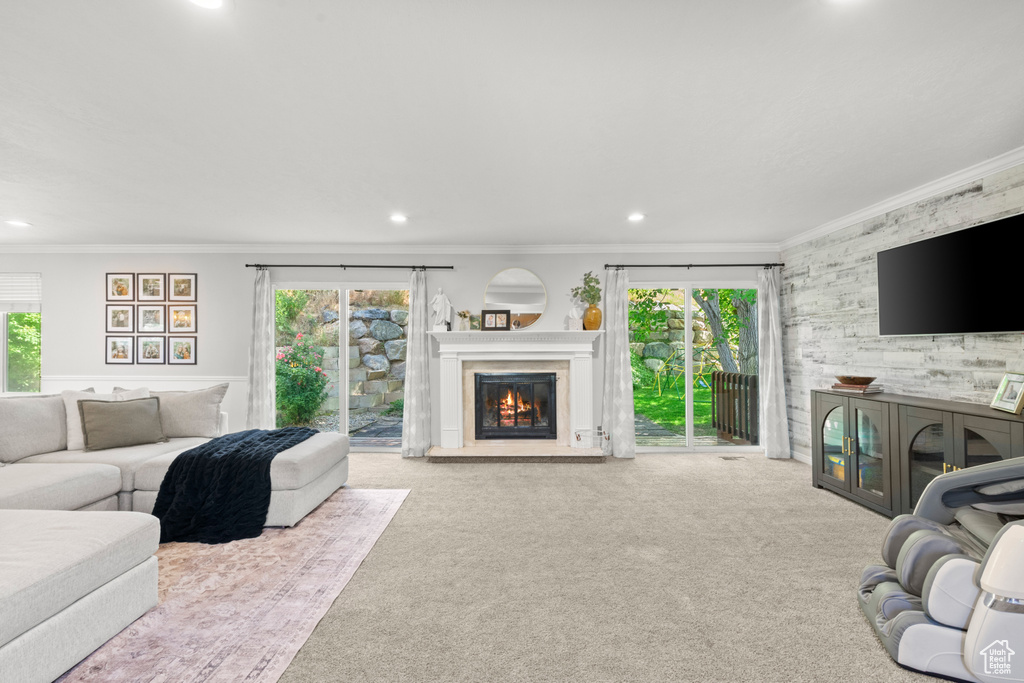 Carpeted living room with a glass covered fireplace, crown molding, healthy amount of natural light, and recessed lighting