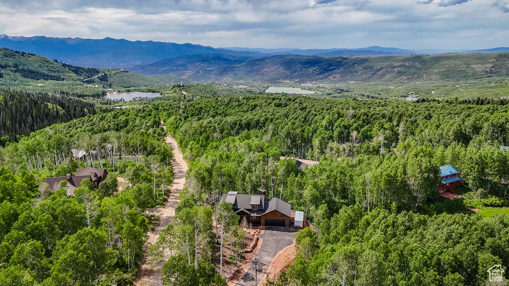 Bird\'s eye view of a mountain backdrop and a heavily wooded area