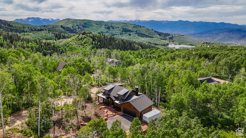 Bird\'s eye view of a heavily wooded area and a mountainous background