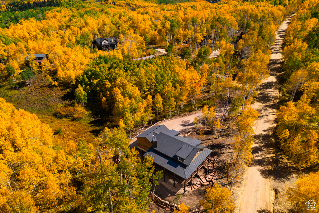View from above of property featuring a forest