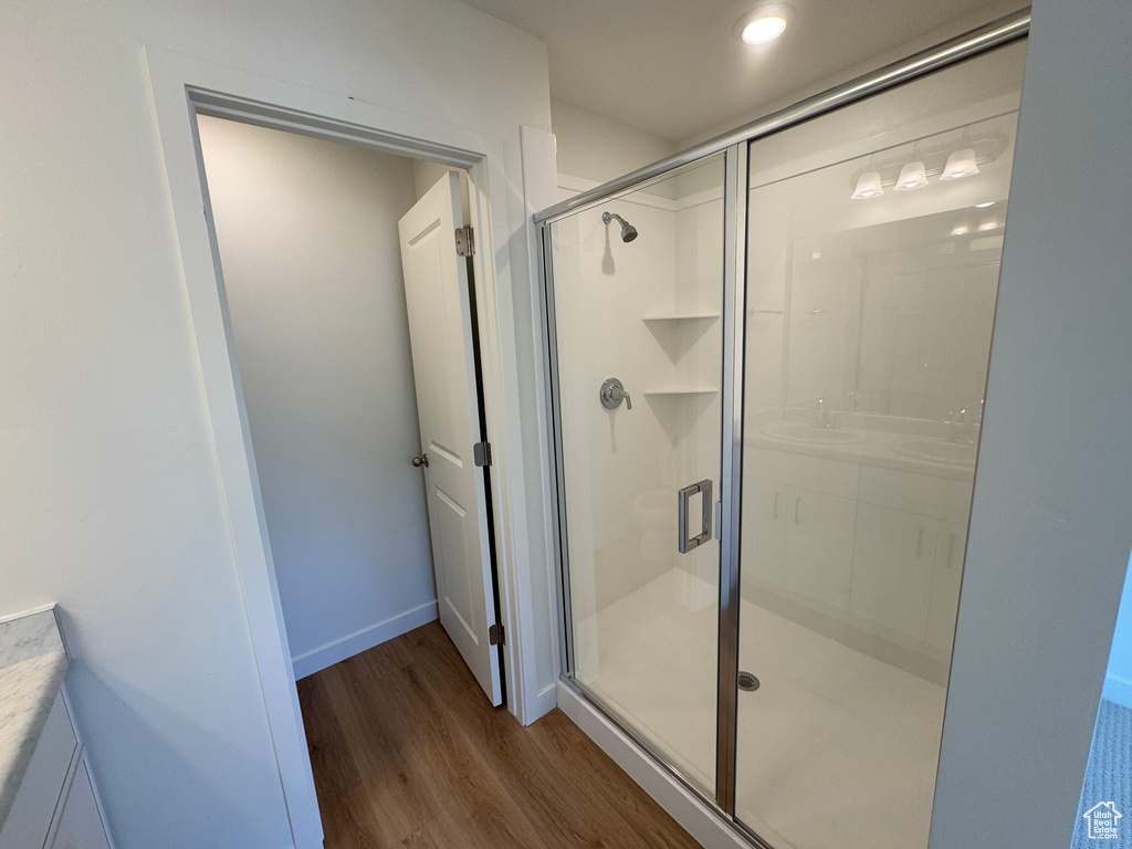 Full bathroom featuring wood finished floors, a shower stall, and vanity