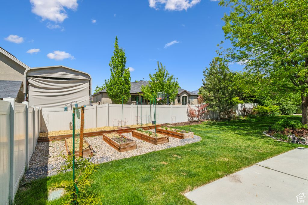 Fenced backyard with a garden