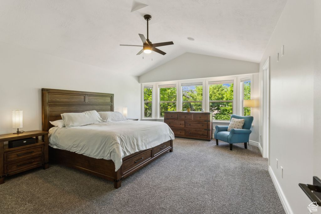 Carpeted bedroom with lofted ceiling and a ceiling fan