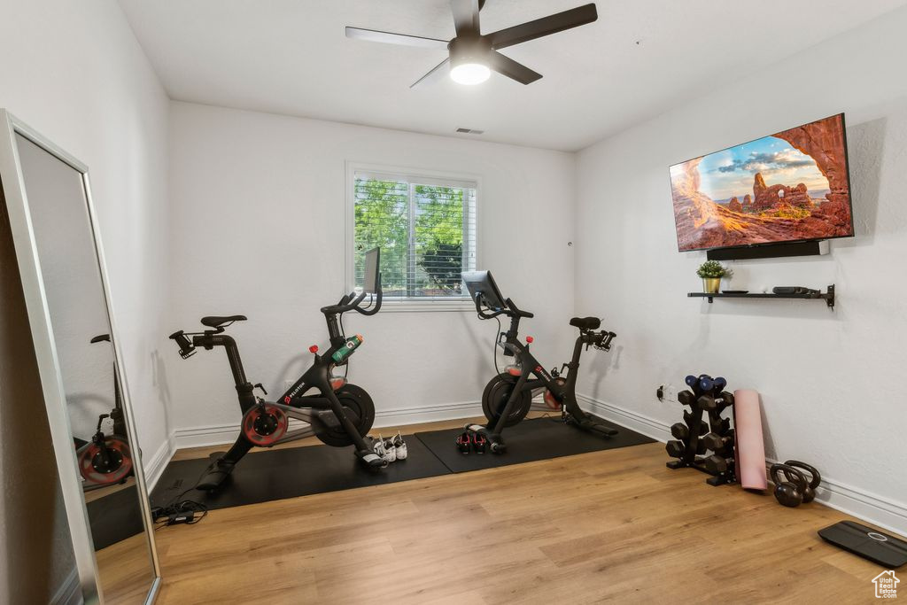 Workout room featuring ceiling fan and wood finished floors